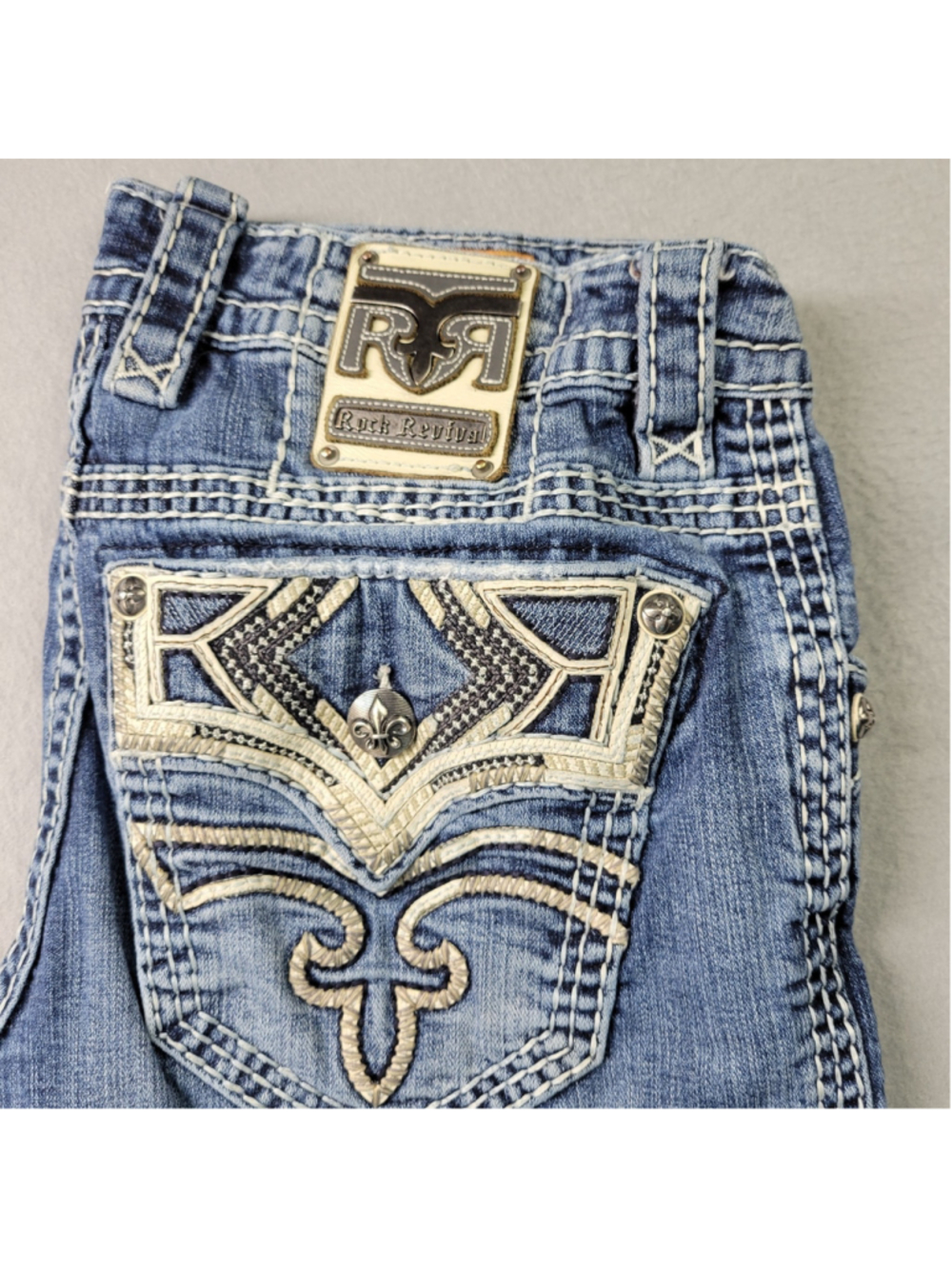 Rock Revival Triton Slim Straight Jeans Mens 32x30 Blue Embroidered Fleur De Lis - Picture 2 of 14